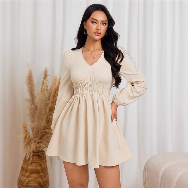Damen lässiges Minimidi-Kleid mit geschmeidiger Taillierung und eleganten Puffärmeln Drune