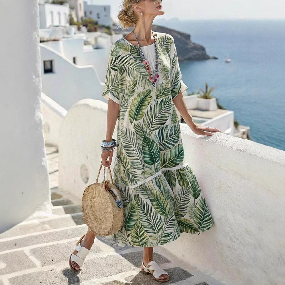 Damen Sommermaxikleid mit grafischem Muster und voluminösem Saum Drune