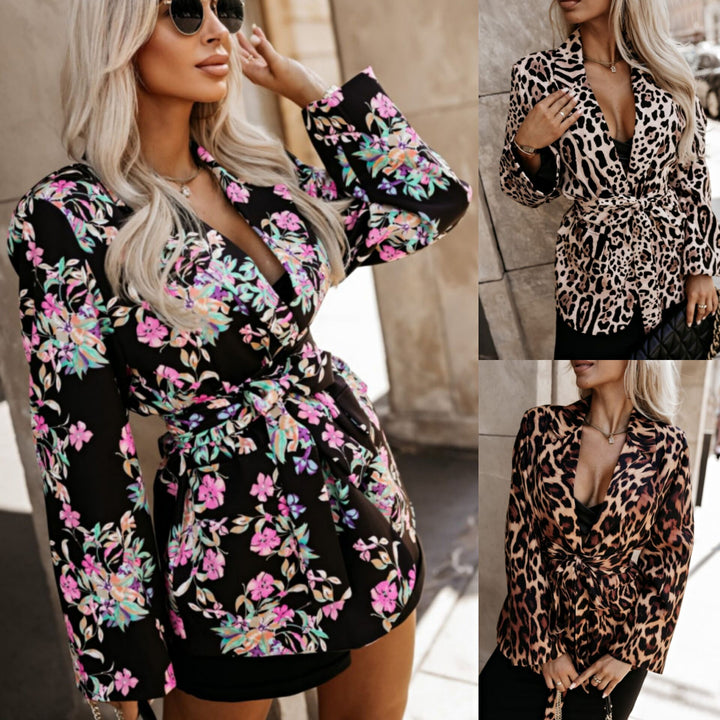 Damen Elegante Blazerjacke mit tierischem Muster und betontem Taillengürtel Drune