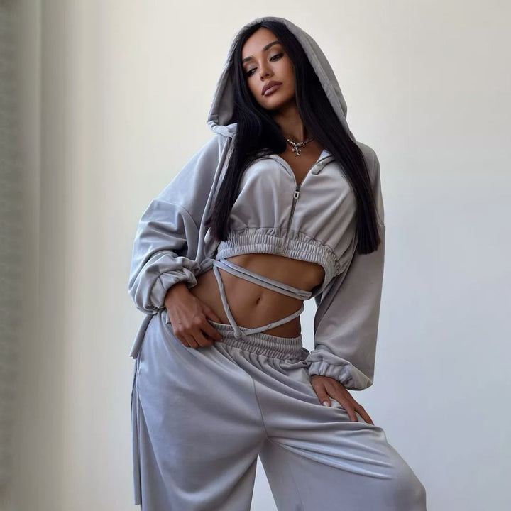 Damen Lässiges Sportanzug-Set mit Kapuzenoberteil und weitem Hosenstil Drune