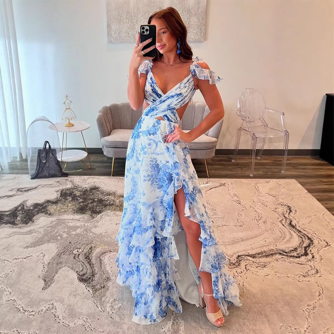 Damen Maxikleid mit romantischen Rüschen und floralem Schnitt Drune