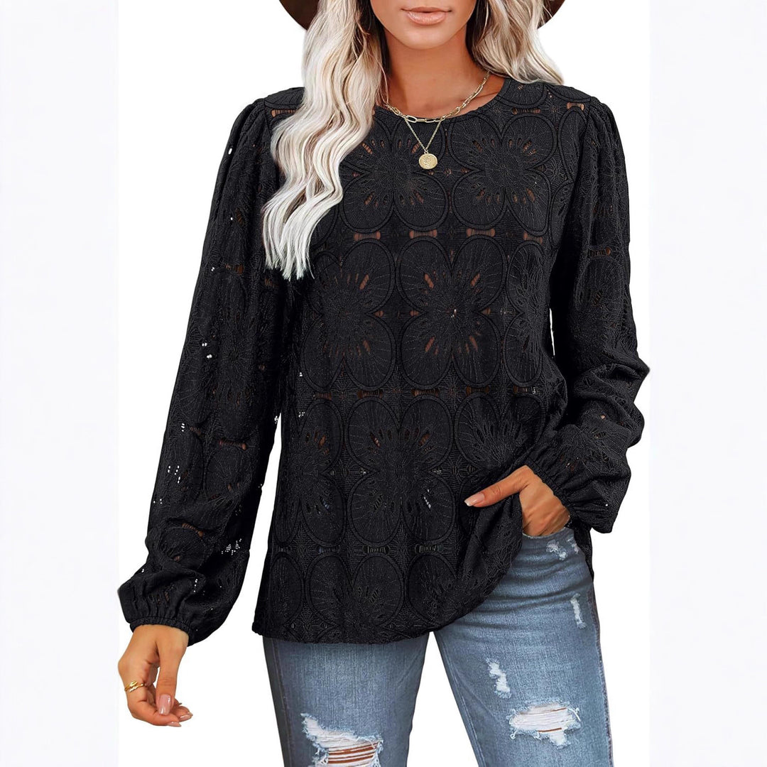 Damen Spitzenbluse mit floralen Details und eleganten Puffärmeln Drune