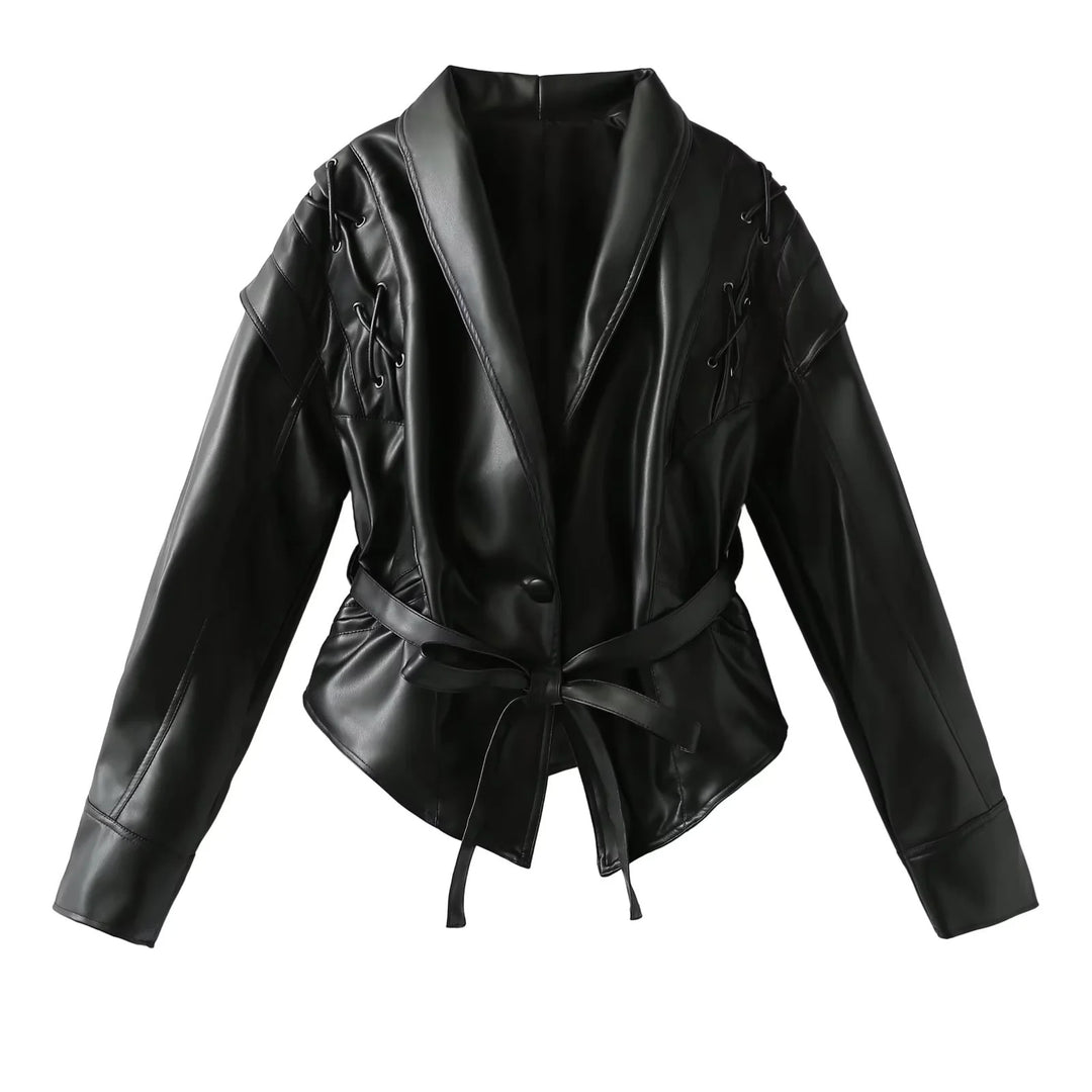 Damen Kunstlederblazer im modernem Design mit praktischem Gürtel Drune