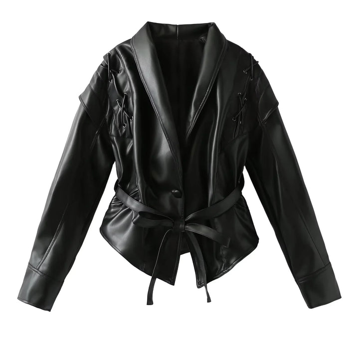 Damen Kunstlederblazer im modernem Design mit praktischem Gürtel Drune