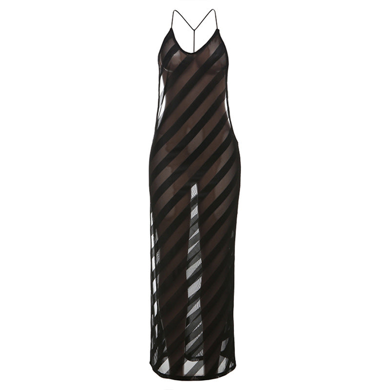 Damen elegantes Maxikleid mit tiefem Rückenausschnitt und feinem Streifenmuster Drune