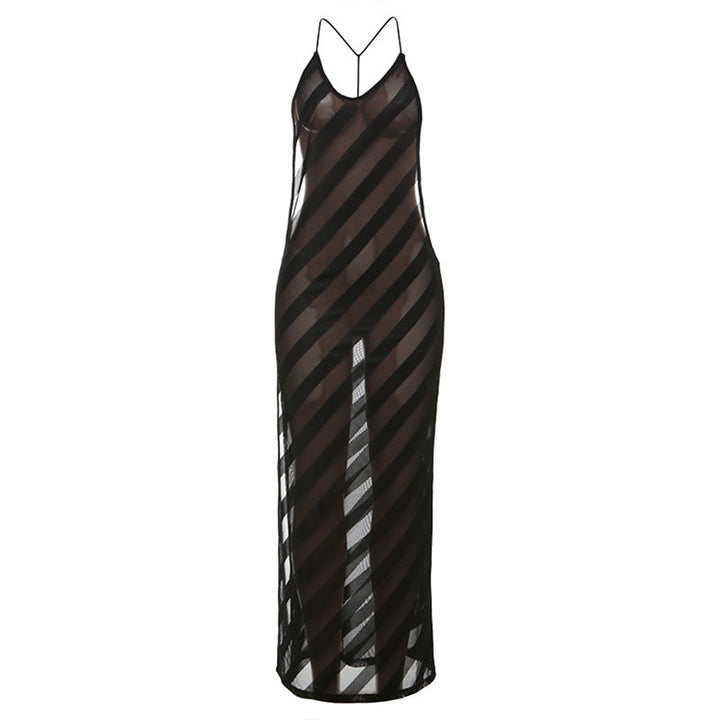Damen elegantes Maxikleid mit tiefem Rückenausschnitt und feinem Streifenmuster Drune