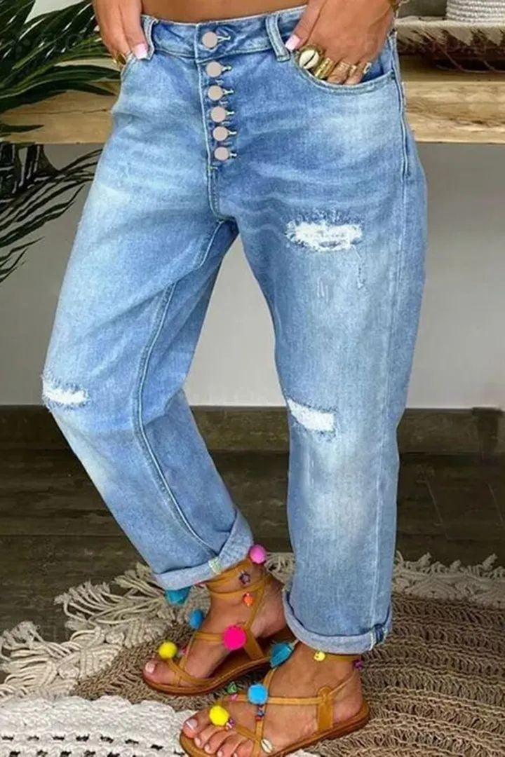 Damen Mom-Jeans mit Knopfverschluss und stylischen Distressed-Details Drune