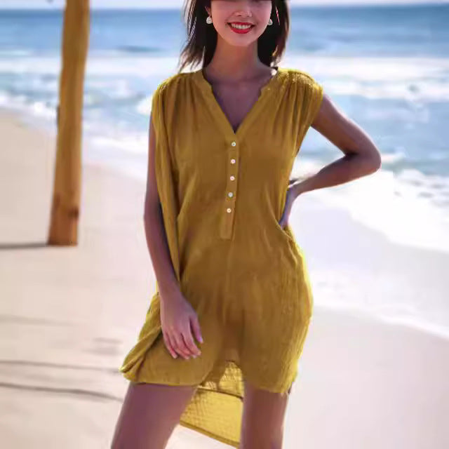 Damen Sommerliches Strandkleid mit kurzer Knopfleiste und V-Ausschnitt Drune