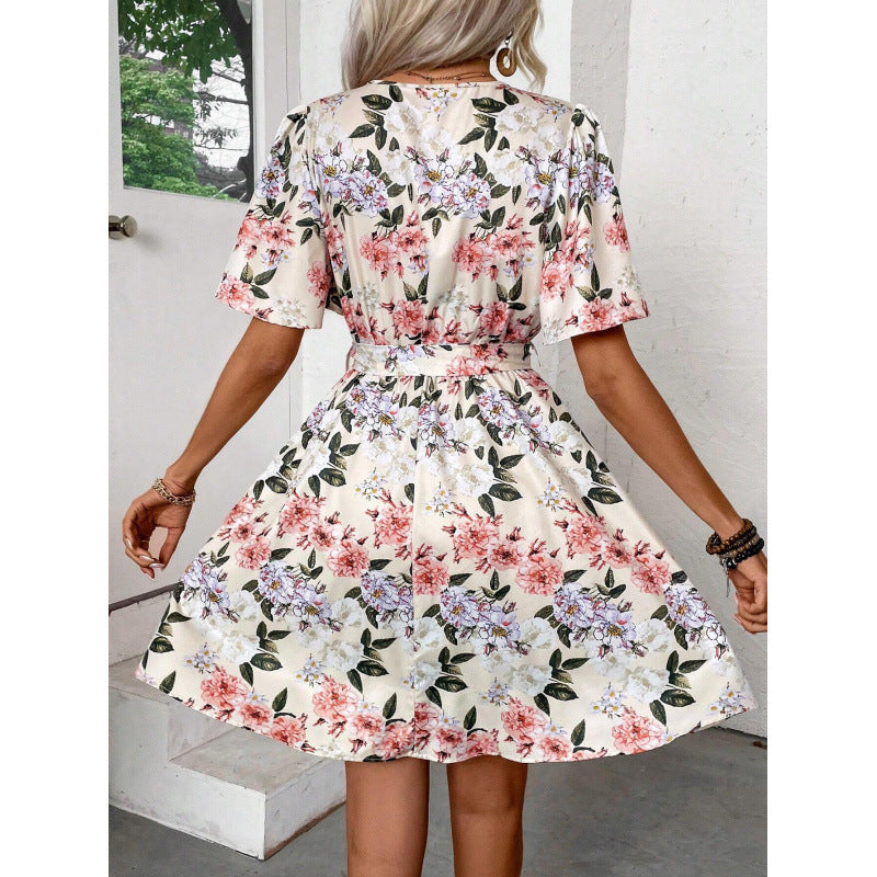 Damen Blumengemustertes Wickelkleid mit Taillengürtel Drune