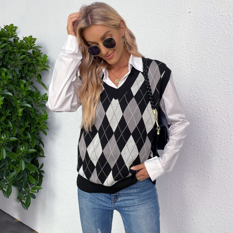 Damen ärmelloser Pullover im Rautenmuster mit V-Ausschnitt Drune