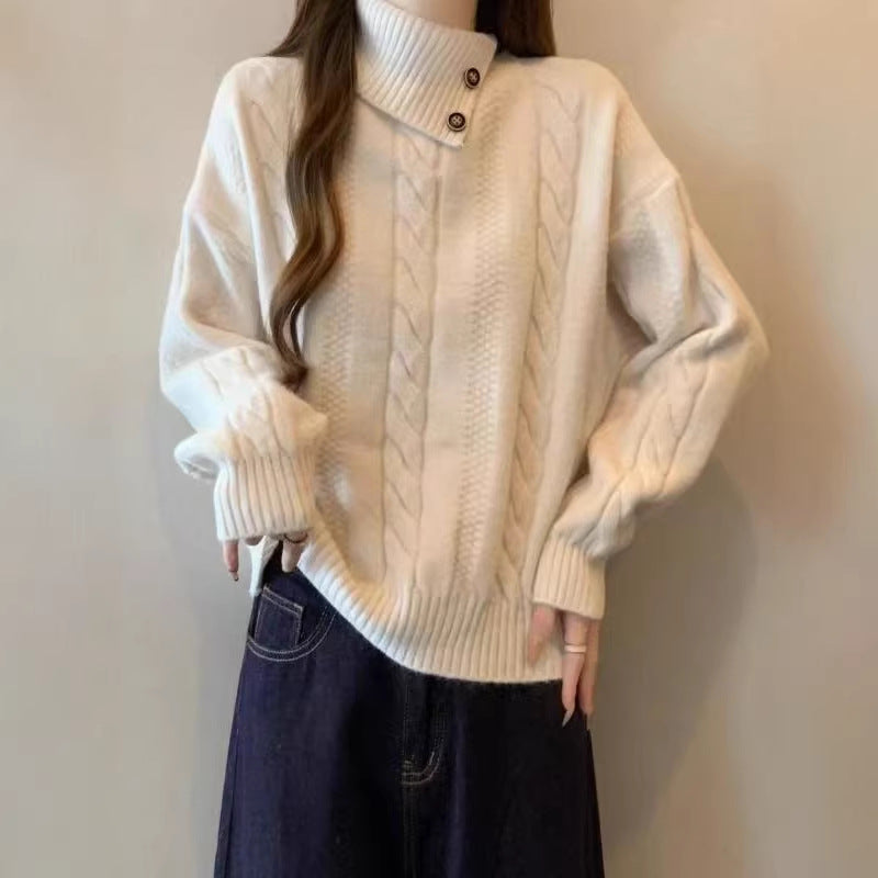 Damen Grobstrickpullover mit hochgeschlossenem Kragen und Knopfdetails Drune