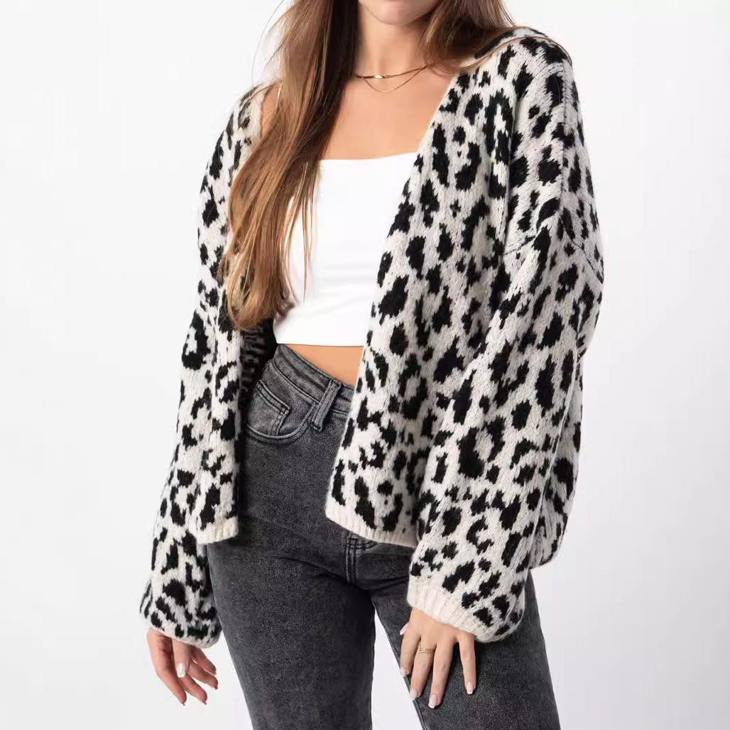 Damen grob gestrickter Cardigan mit stilvollem Leopardenmuster und bequemen Oversize-Details Drune