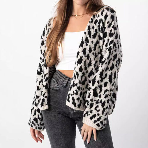 Damen grob gestrickter Cardigan mit stilvollem Leopardenmuster und bequemen Oversize-Details Drune