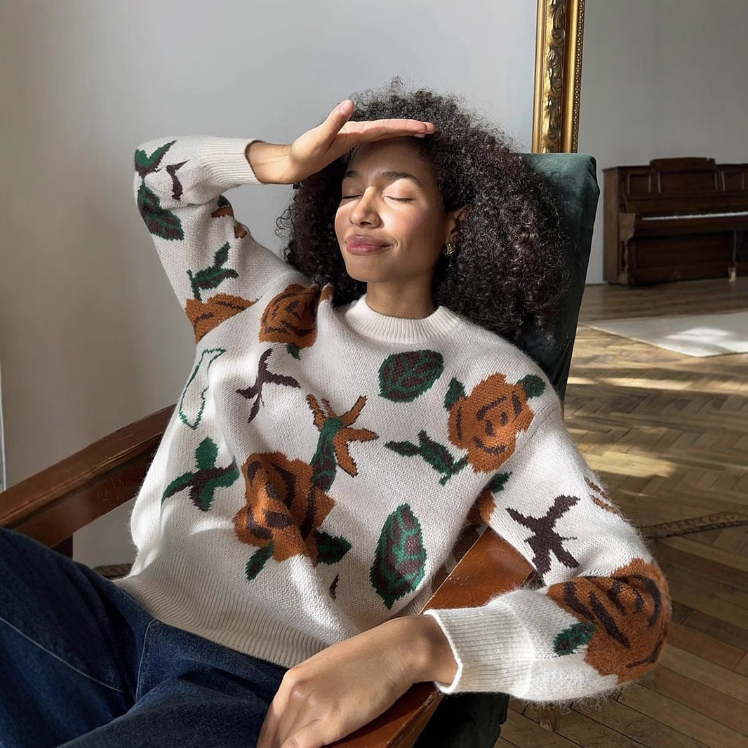 Damen Strickpullover mit floralem Muster Drune
