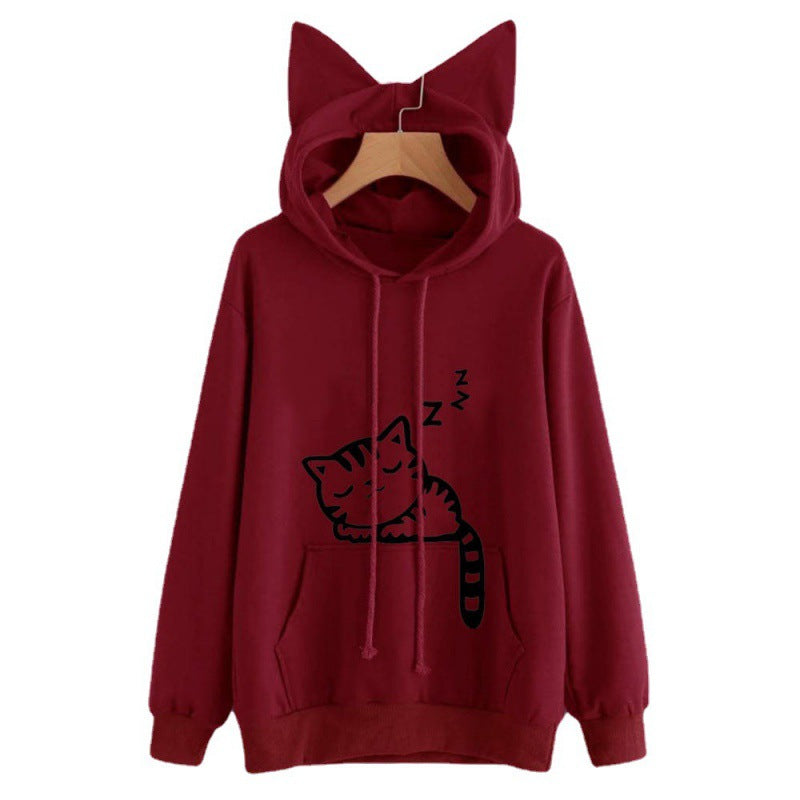Damen Kapuzenpullover mit Katzenohren und süßem Druck Drune