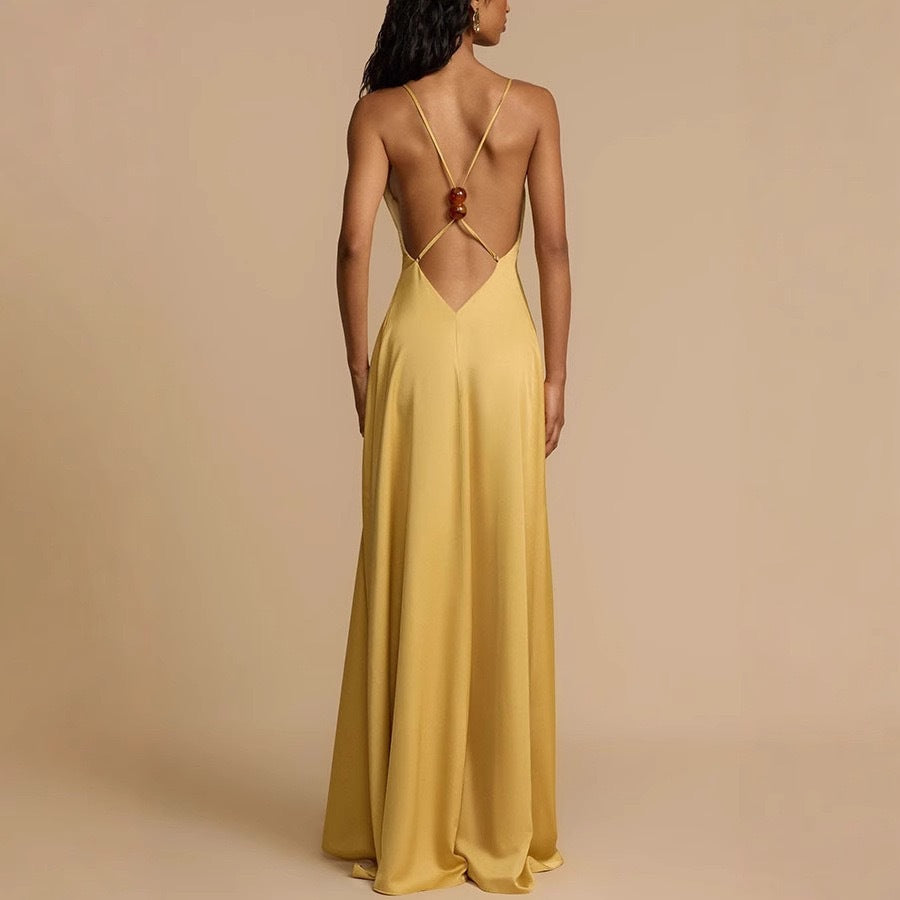 Damen Elegantes Maxikleid mit tiefem V-Ausschnitt und fließendem Schnitt Drune