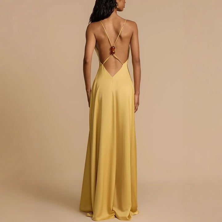 Damen Elegantes Maxikleid mit tiefem V-Ausschnitt und fließendem Schnitt Drune