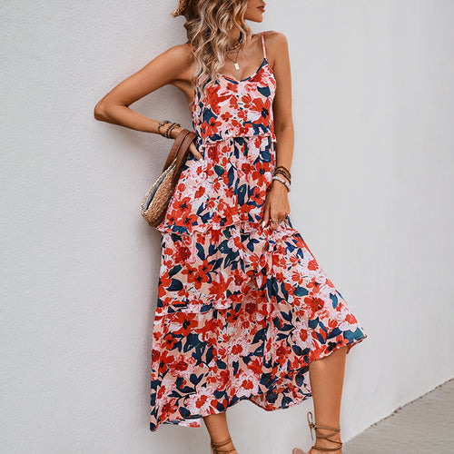 Damen Maxikleid mit floralen Rüschen und Spaghettiträgern Drune