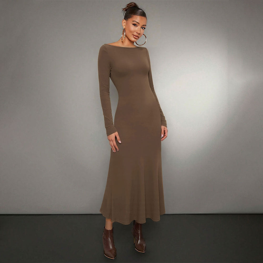 Damen Langarm Midikleid mit elegantem Rundhalsausschnitt und schwingendem Saum Drune