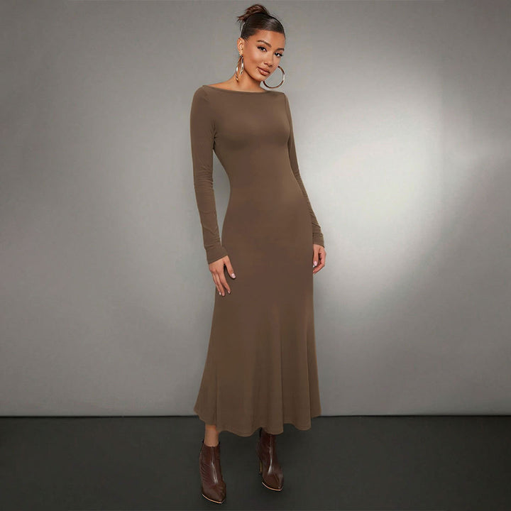 Damen Langarm Midikleid mit elegantem Rundhalsausschnitt und schwingendem Saum Drune
