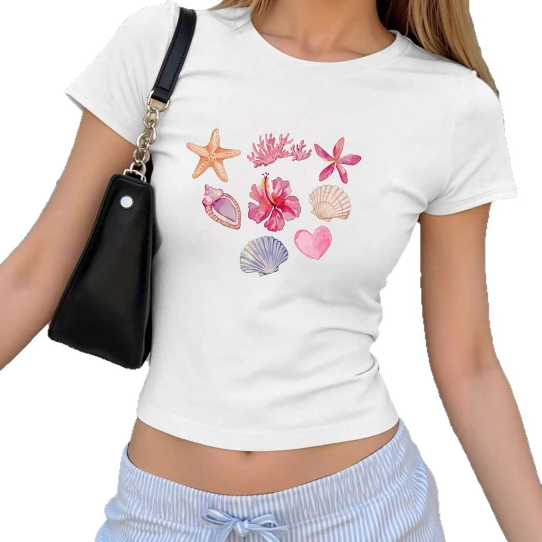 Damen Crop-T-Shirt mit maritimen Aufdrucken Drune