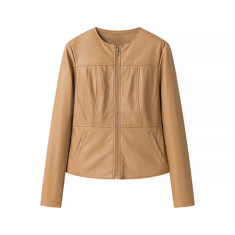 Damen Modische Kunstlederjacke mit tailliertem Schnitt und Reißverschluss Drune