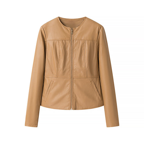 Damen Modische Kunstlederjacke mit tailliertem Schnitt und Reißverschluss Drune