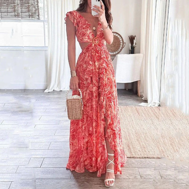 Damen Maxikleid mit hohem Schlitz und floralen Rüschendetails Drune