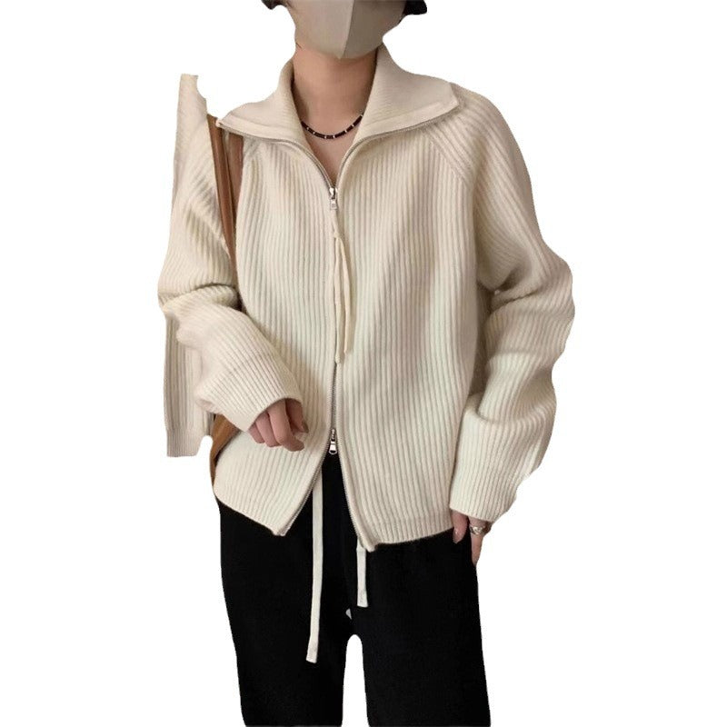 Damen Strickjacke mit hoher Kragenverzierung und Reißverschluss Drune
