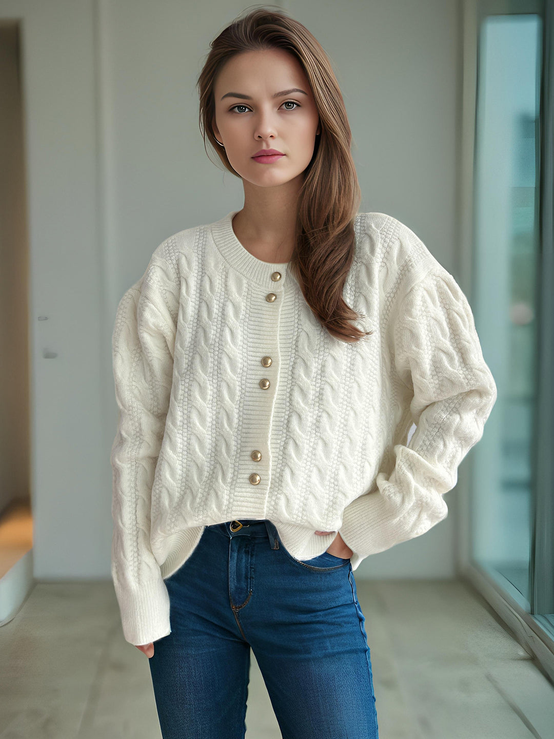 Damen Grobstrickjacke mit dekorativen Knöpfen und Kabelmuster Drune
