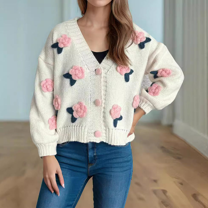 Damen kuschelige Strickjacke mit floralem 3D-Design und großen Knöpfen Drune