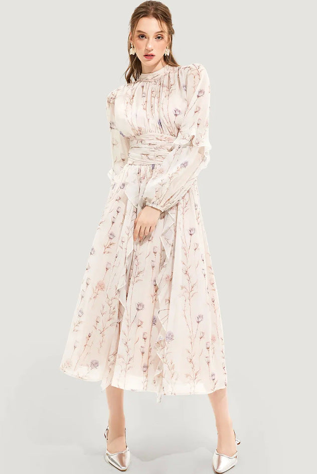 Damen Midi-Kleid mit floralen Stickereien und elegantem Rüschensaum Drune