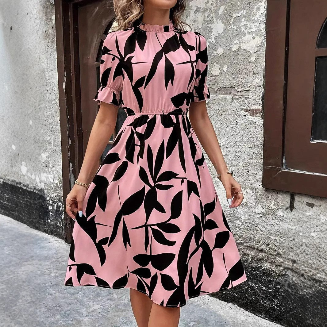 Damen Elegantes Midi-Kleid mit modischem Pflanzenmuster und Gummizug in der Taille Drune