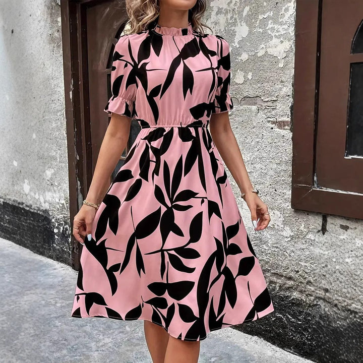 Damen Elegantes Midi-Kleid mit modischem Pflanzenmuster und Gummizug in der Taille Drune