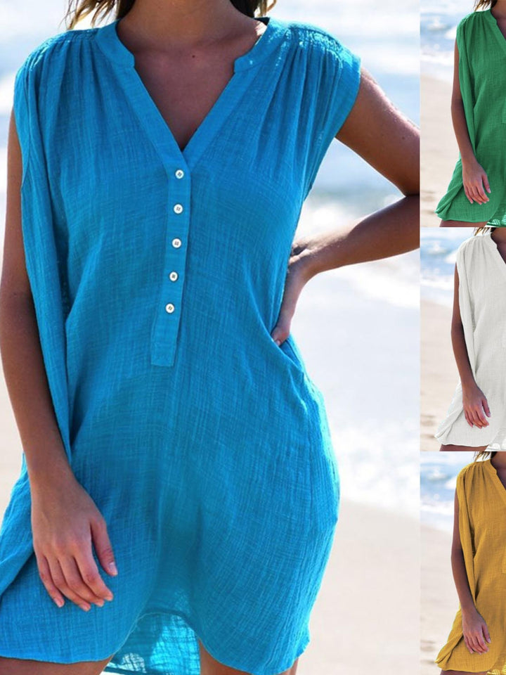 Damen Sommerliches Strandkleid mit kurzer Knopfleiste und V-Ausschnitt Drune