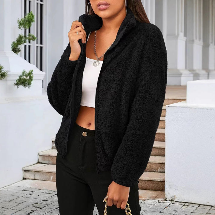 Damen Teddyjacke im lässigen Oversized-Stil mit hohem Kragen und Reißverschluss Drune