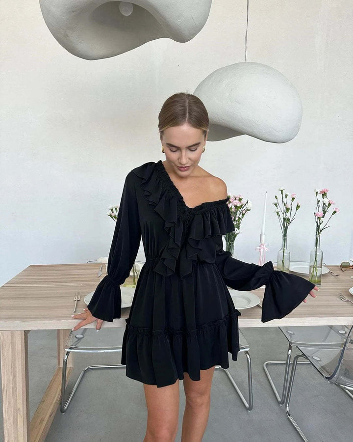 Damen lässiges Kleid mit Rüschendetails und tiefem V-Ausschnitt Drune