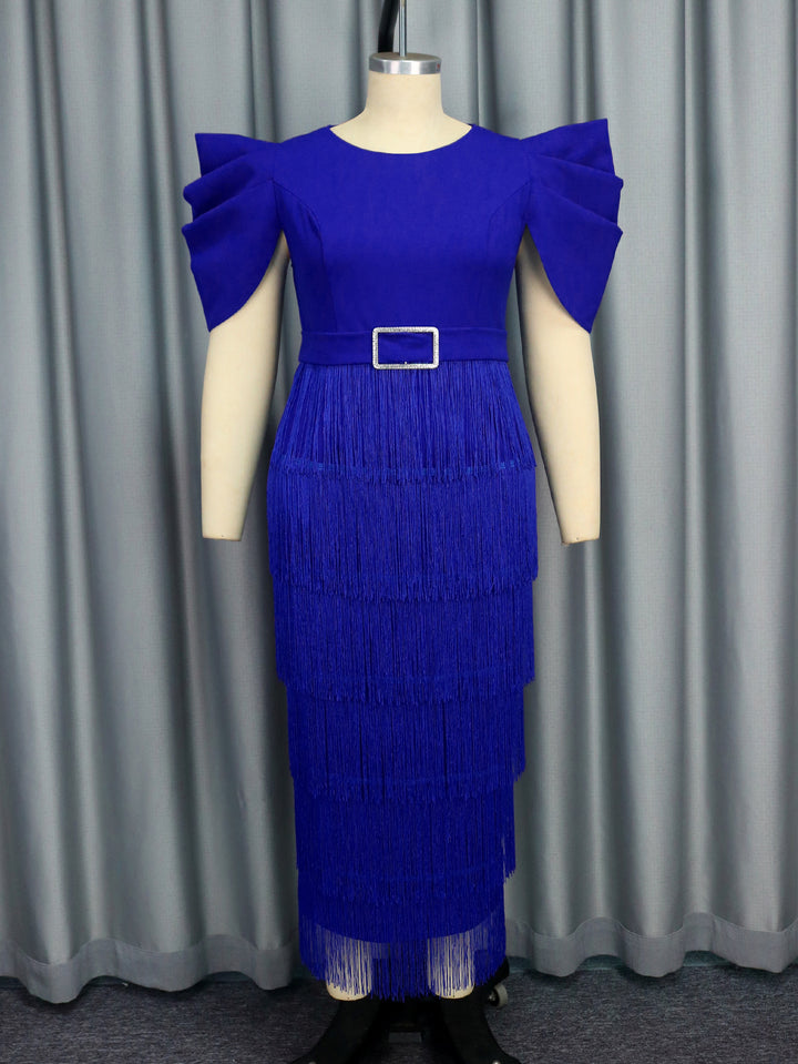 Damen Elegantes Fransen-Maxikleid mit voluminösen Puffärmeln Drune