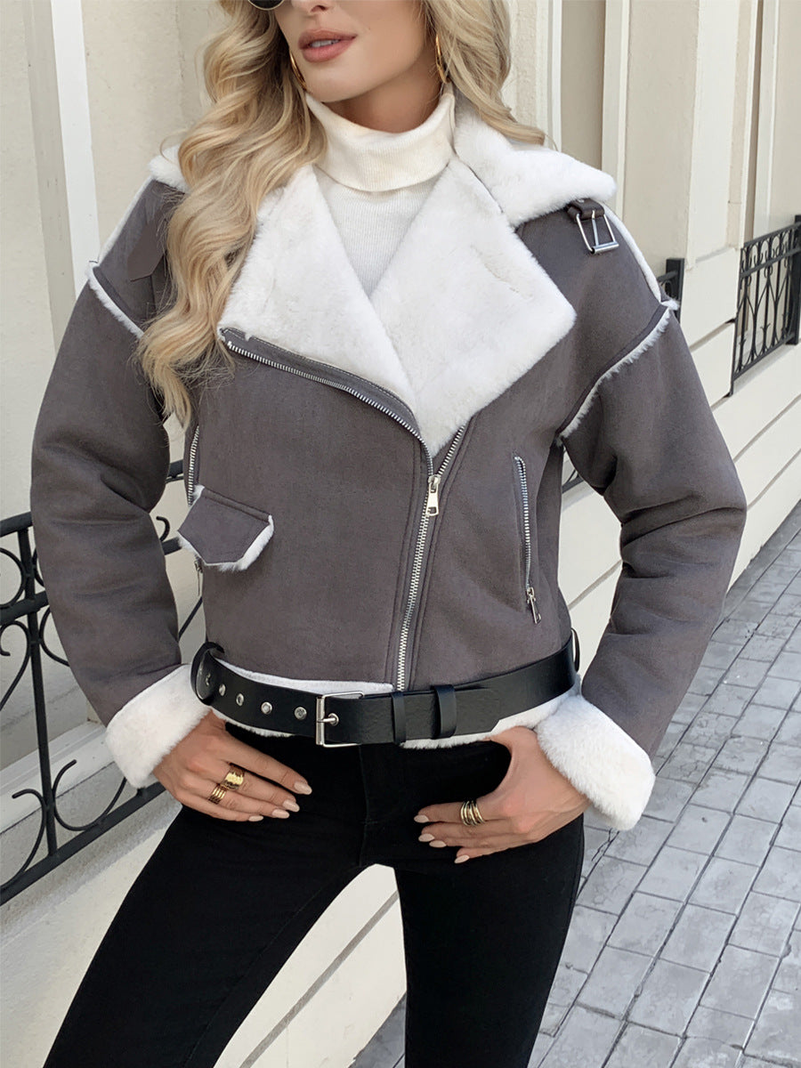 Damen modische Lederjacke mit Kunstfellkragen und Gürtel Drune