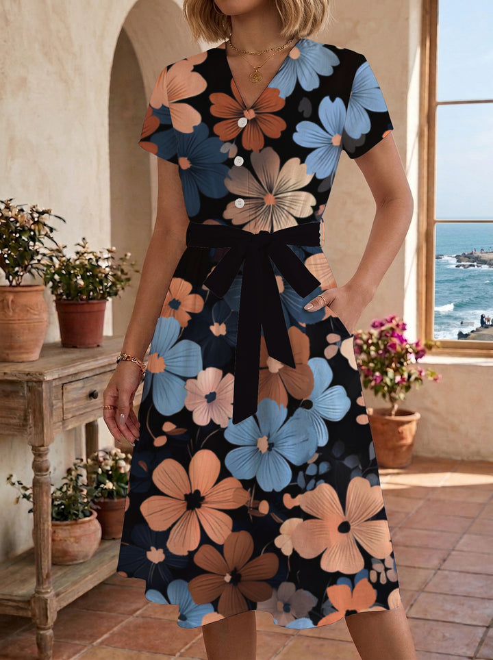 Damen Blühendes Midikleid mit taillierbarem Gürtel und kunstvollem Print Drune