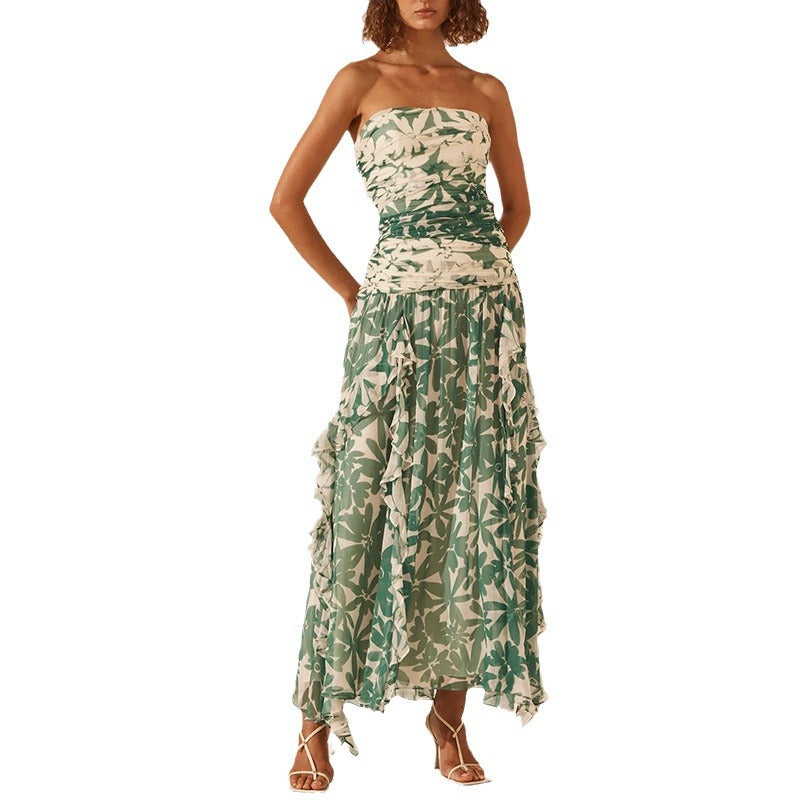 Damen schulterfreies Maxikleid mit Rüschendetails und floralem Muster Drune
