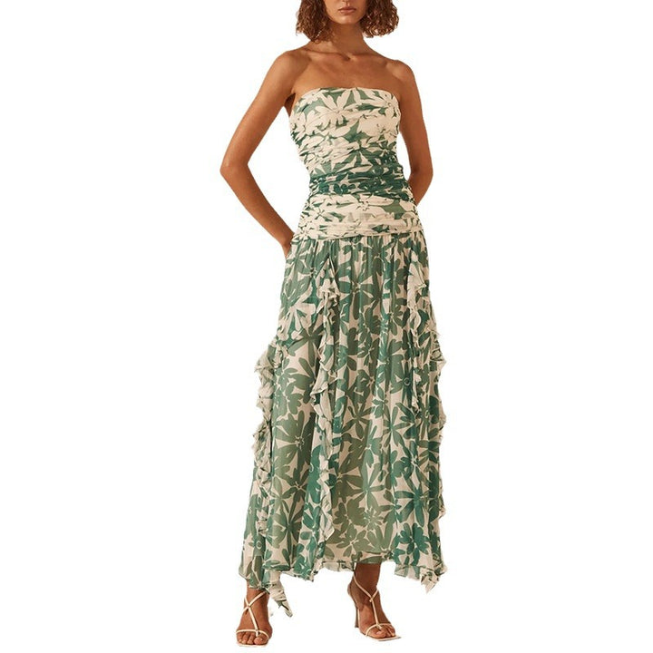 Damen schulterfreies Maxikleid mit Rüschendetails und floralem Muster Drune
