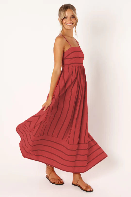 Damen Maxi-Kleid mit schmalen Spaghettiträgern und eleganten Querstreifen Drune
