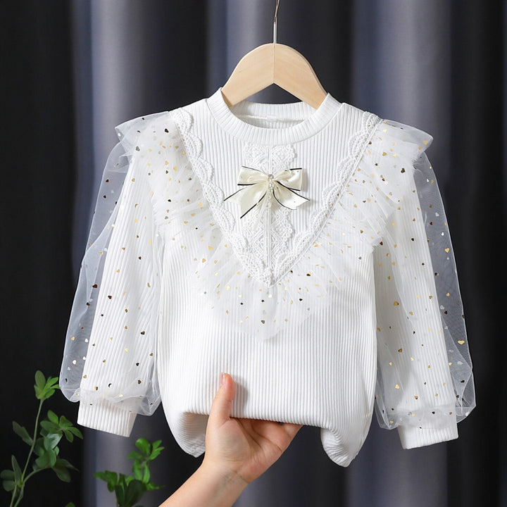 Mädchen Langarmshirt mit dekorativen Tüllärmeln und Spitzenapplikationen Drune
