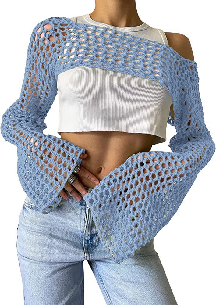 Damen gehäkeltes Langarm-Top mit Off-Shoulder-Design Drune