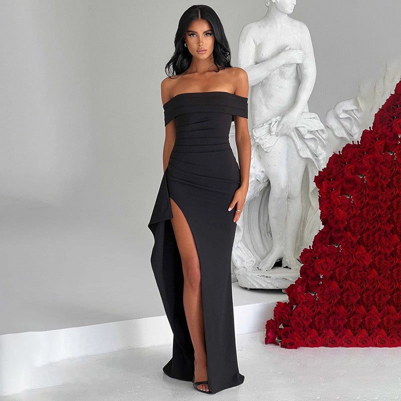Damen Elegantes Off-Shoulder Maxikleid mit hohem Schlitz und Drapierungen Drune