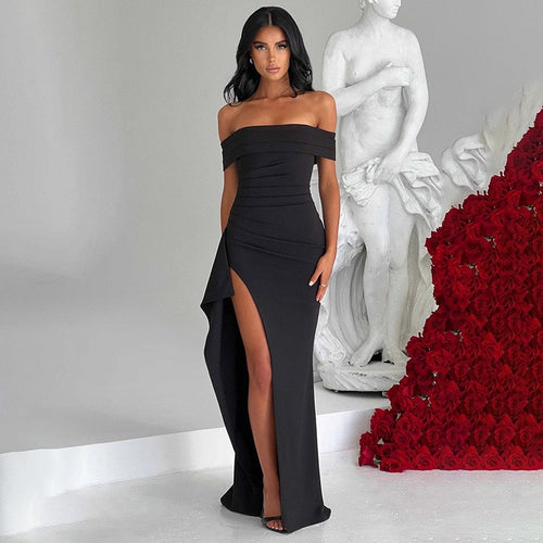 Damen Elegantes Off-Shoulder Maxikleid mit hohem Schlitz und Drapierungen Drune