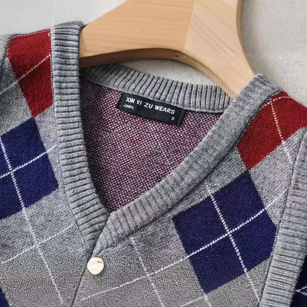 Damen Schickes Strickoberteil mit V-Ausschnitt und Karomuster Drune