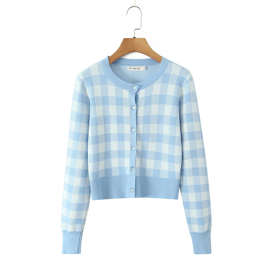 Damen modischer karierten Strickjacke mit Rundhalsausschnitt und Knopfverschluss Drune