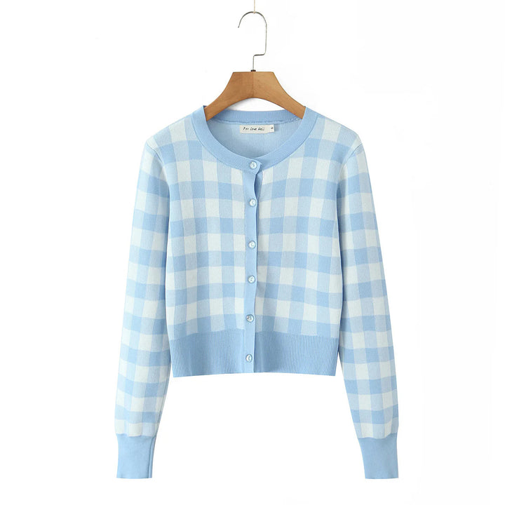 Damen modischer karierten Strickjacke mit Rundhalsausschnitt und Knopfverschluss Drune